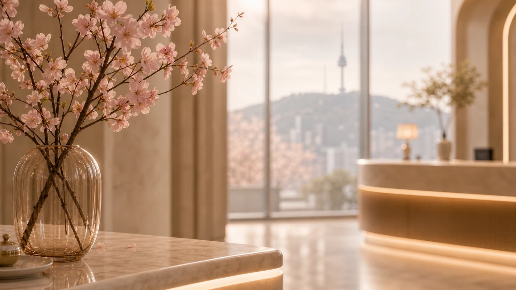 Blush cherry blossoms in a premium clinic reception