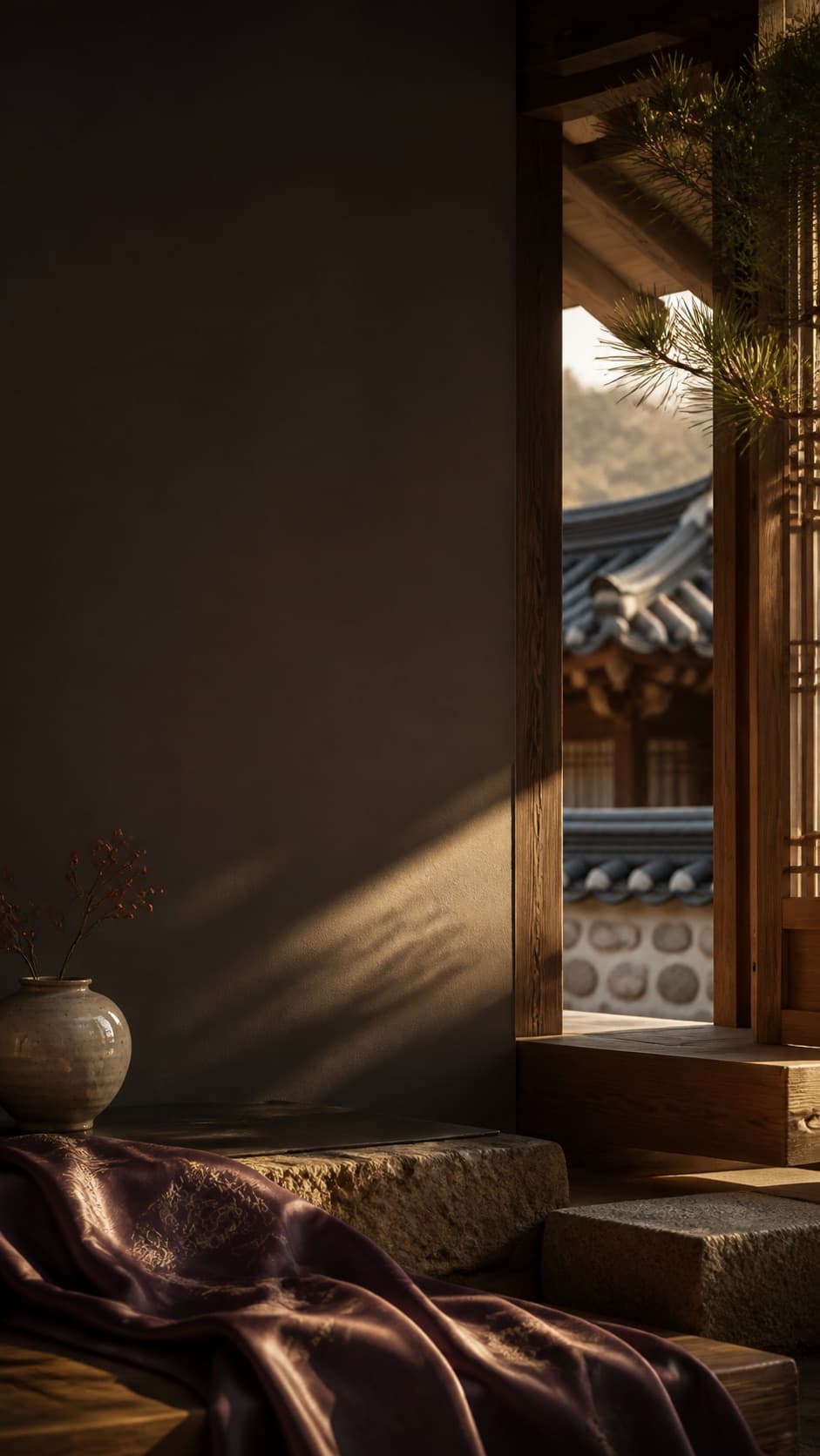 Warm hanok doorway with ceramic vase and soft Korean architectural detail