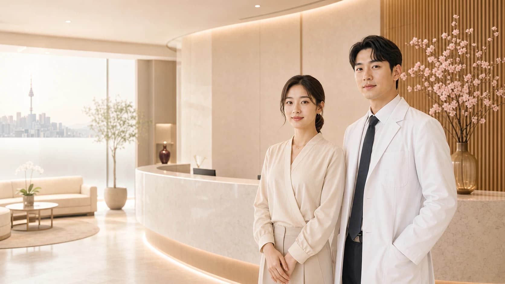 Premium Korean clinic reception with a doctor and care coordinator