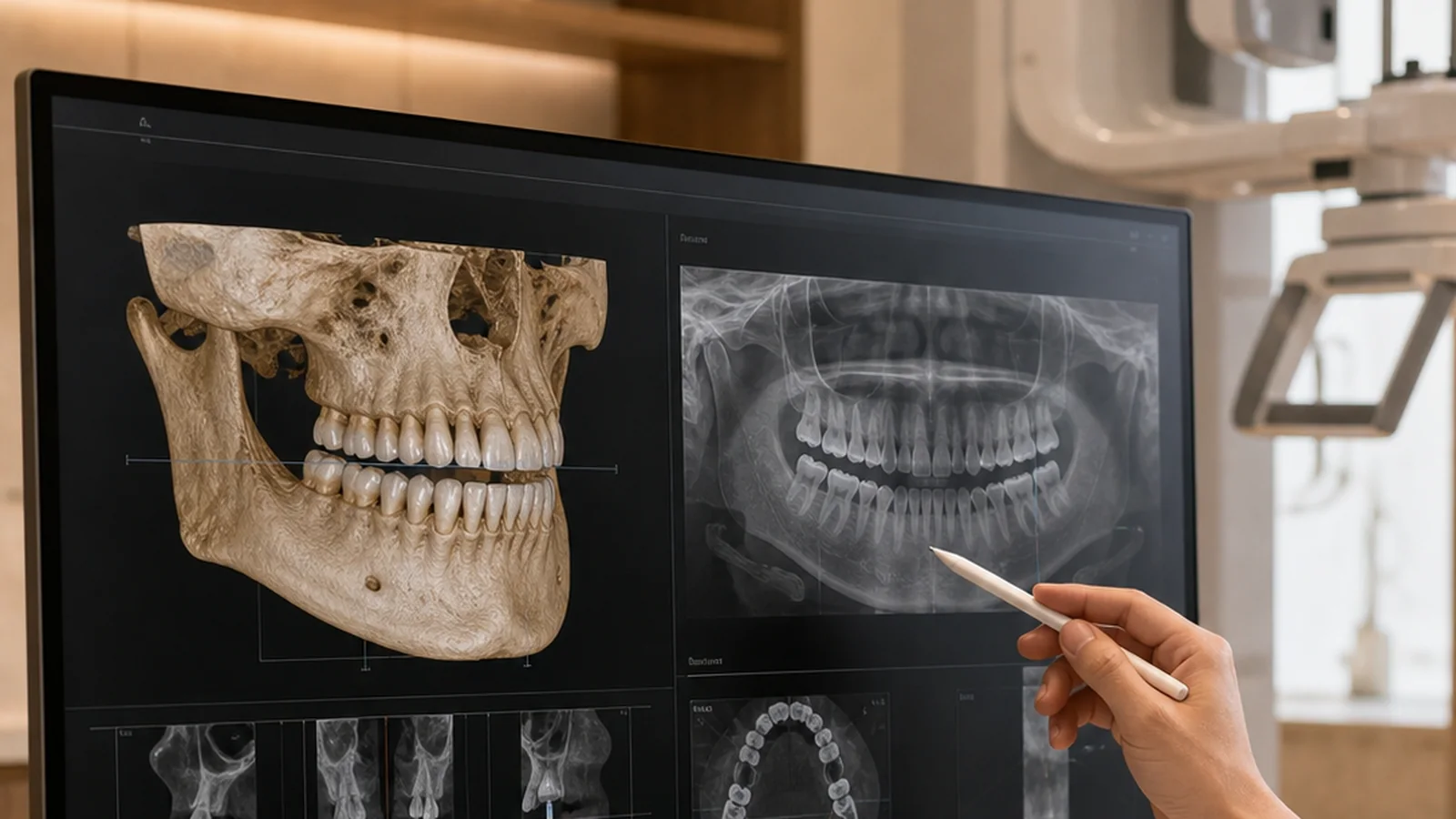A dentist reviewing a panoramic jaw X-ray to plan wisdom-tooth removal