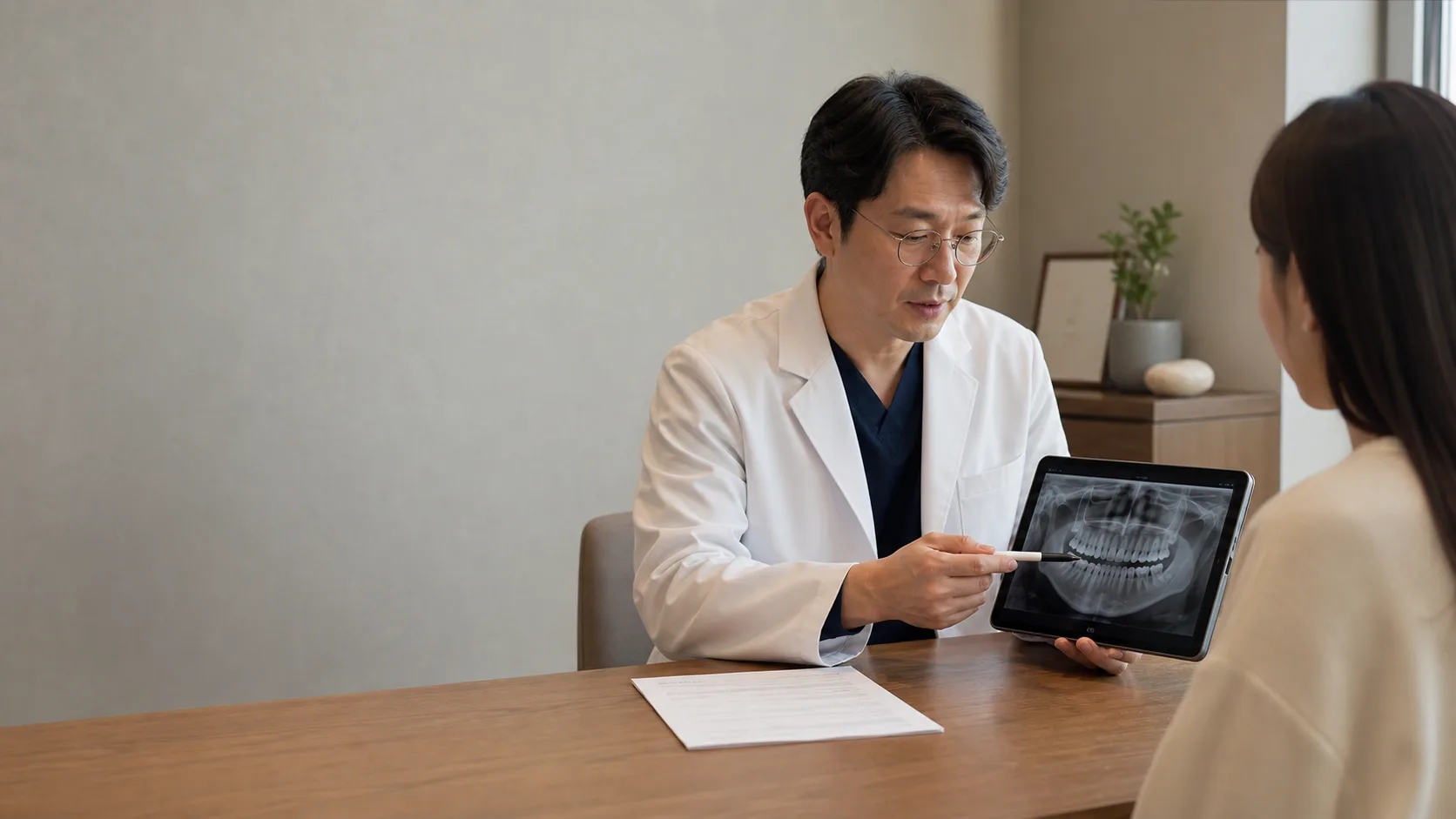 A dentist reviewing an implant plan with a patient