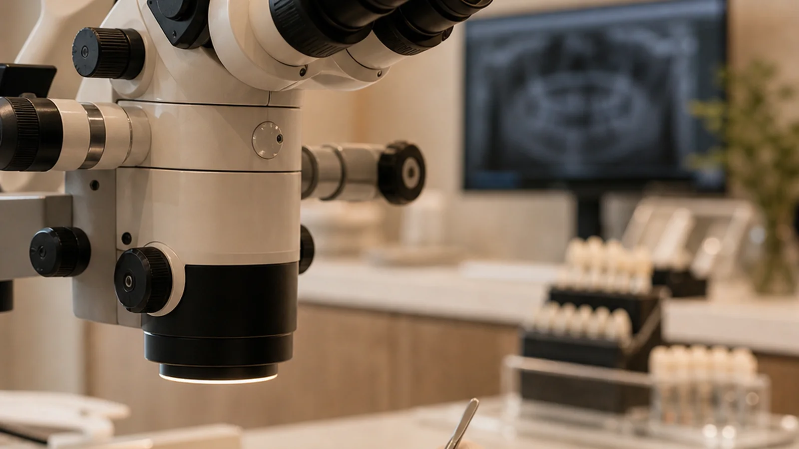 A dentist working under a surgical microscope